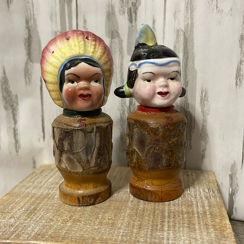 Vintage Ceramic and Wood Native‎ American Indian Salt and Pepper Shakers